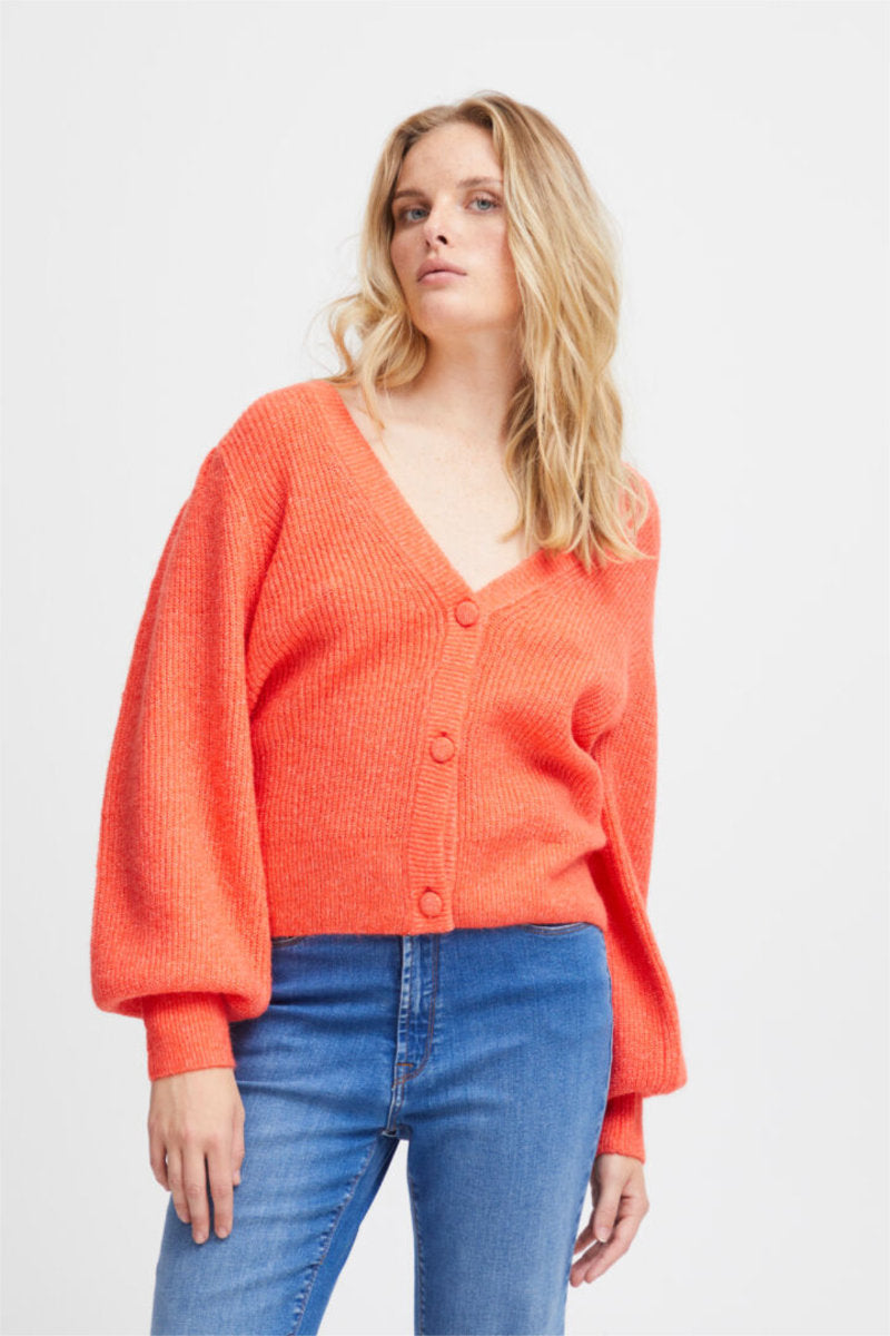 Dusty cardi, bright coral