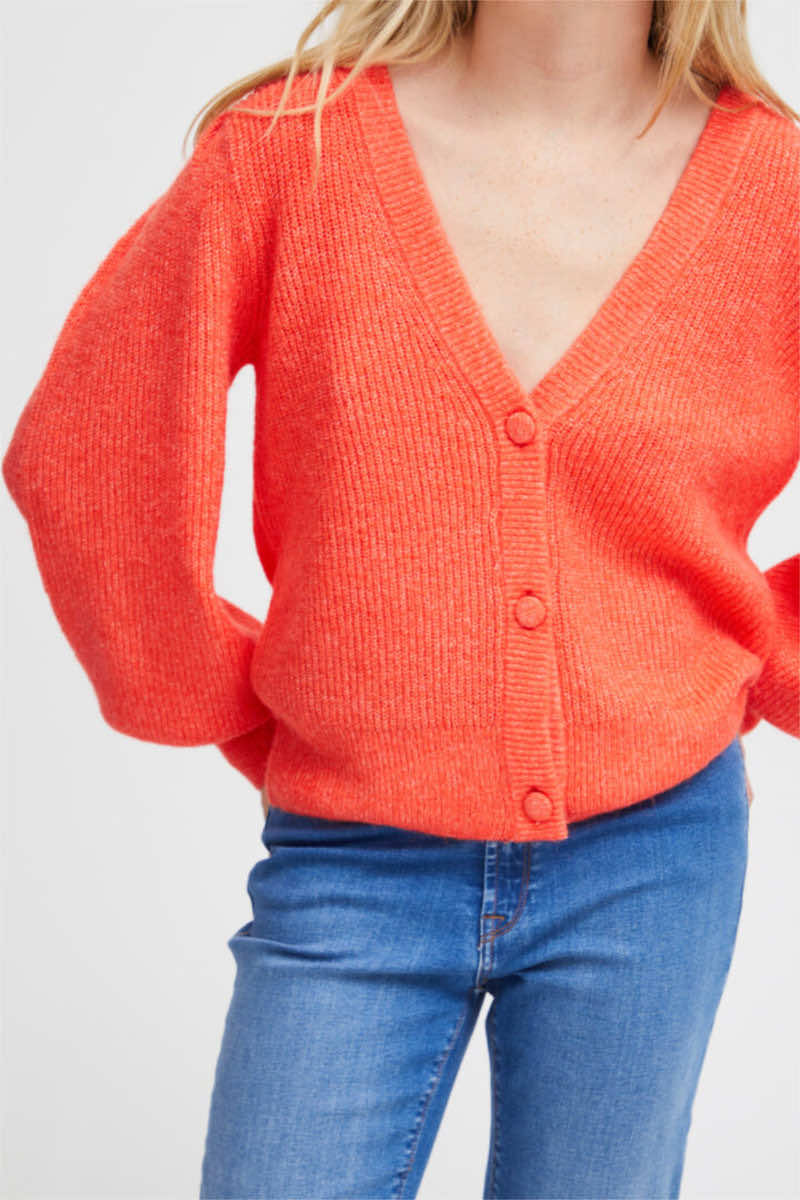 Dusty cardi, bright coral