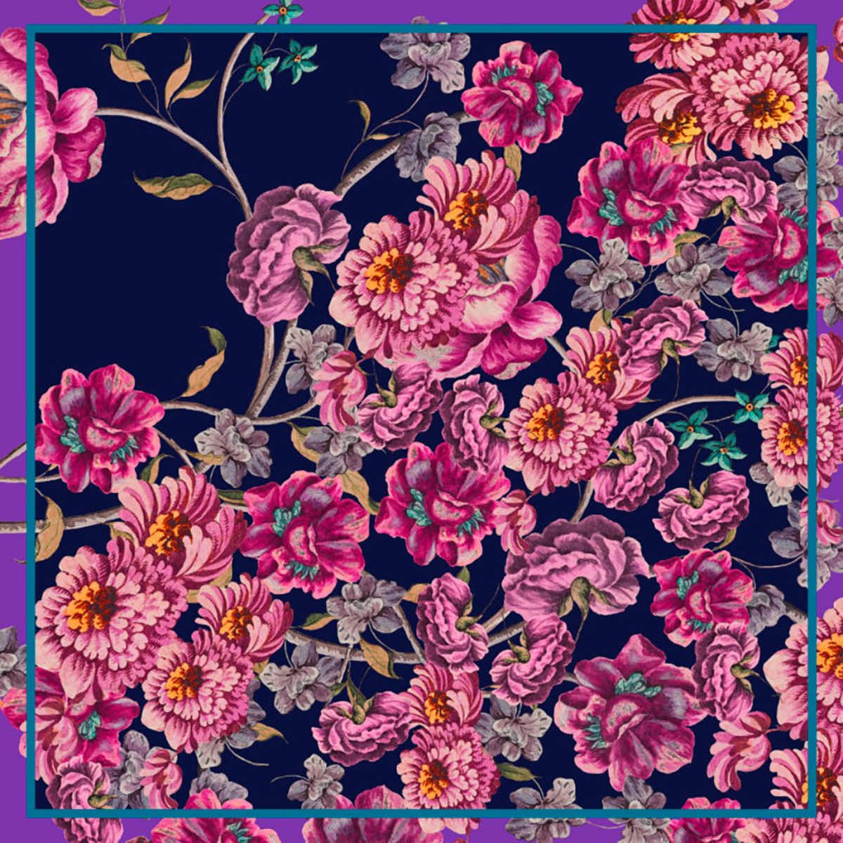 Baroque floral silk scarf, navy