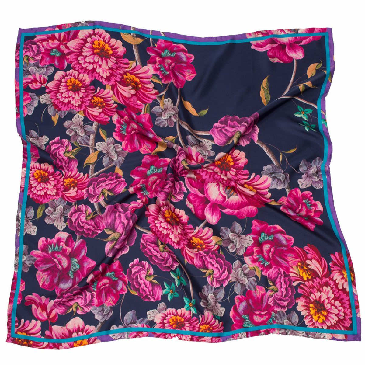 Baroque floral silk scarf, navy