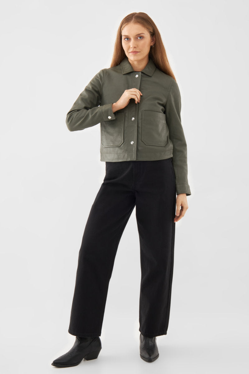 Worker leather jacket, green
