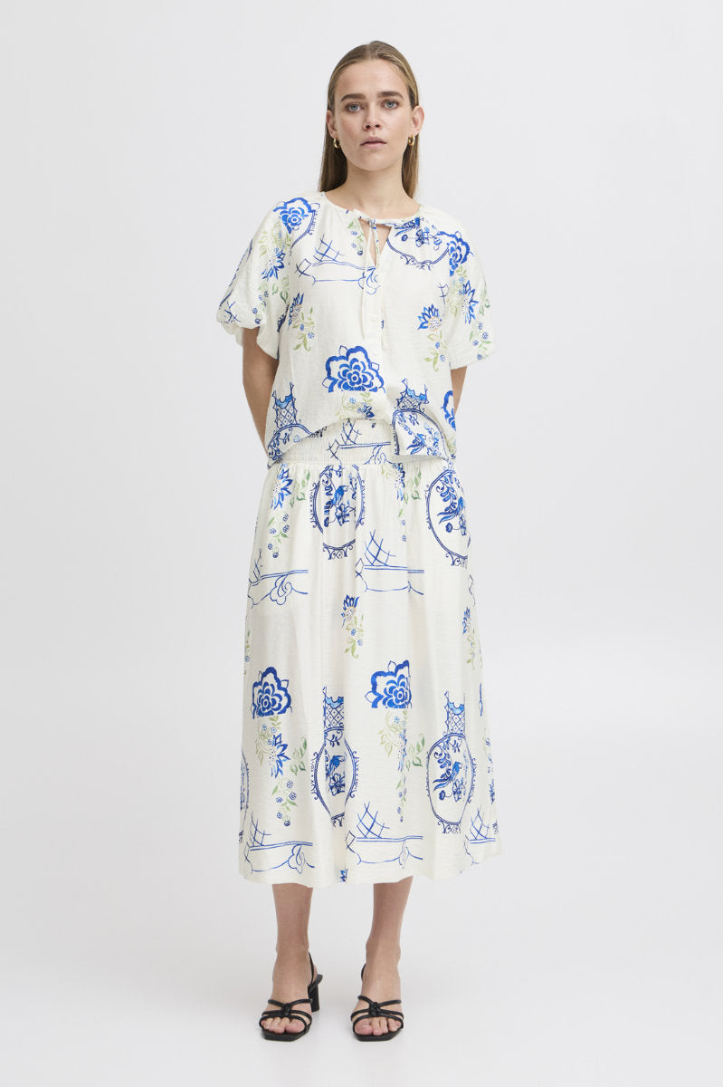 Lucie tile print skirt, ivory/blue