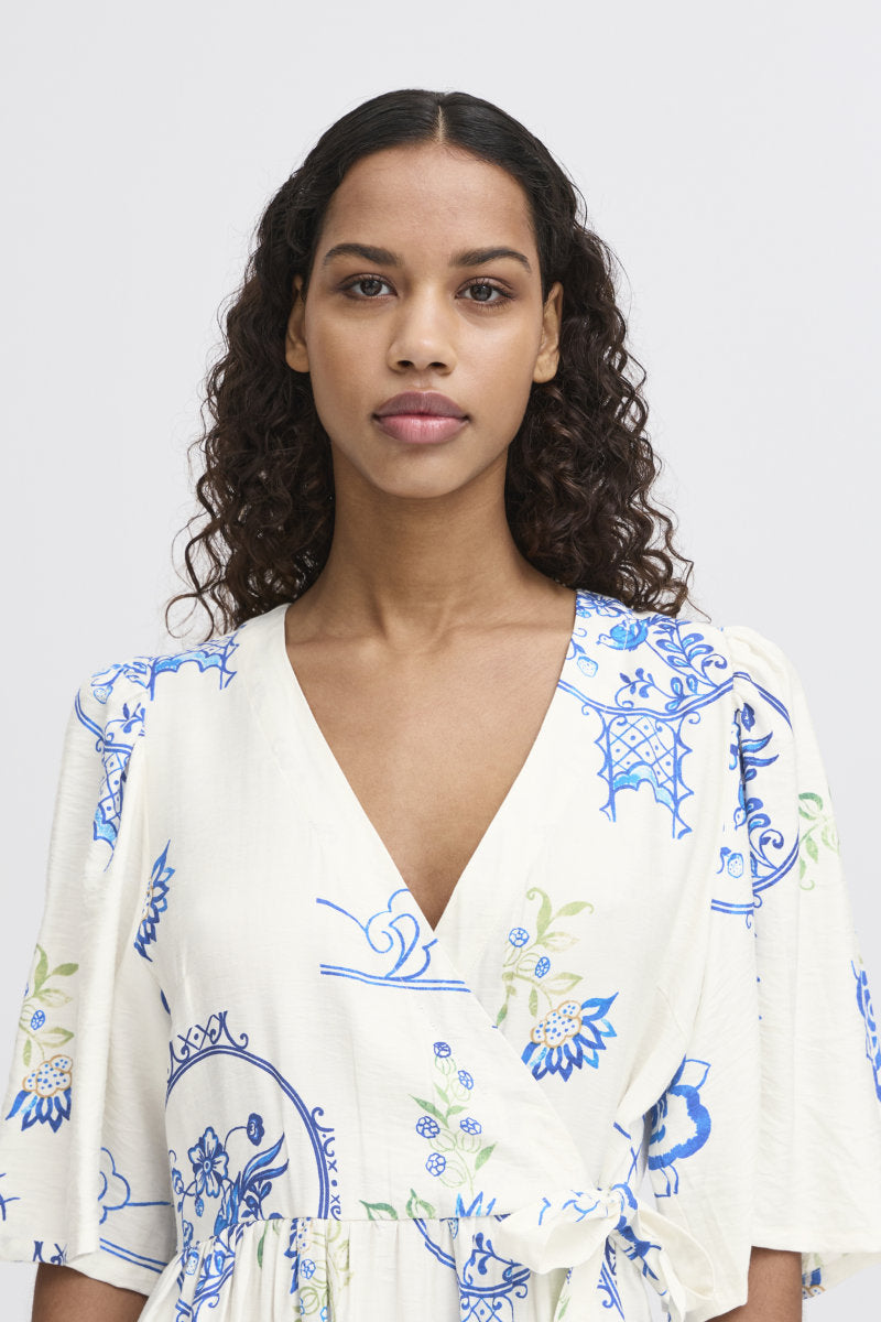 Lucie tile print dress, ivory/blue