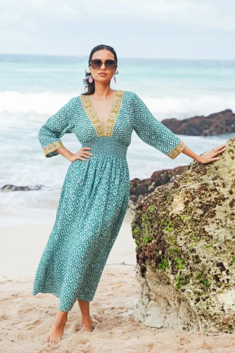 V neck kaftan, turquoise