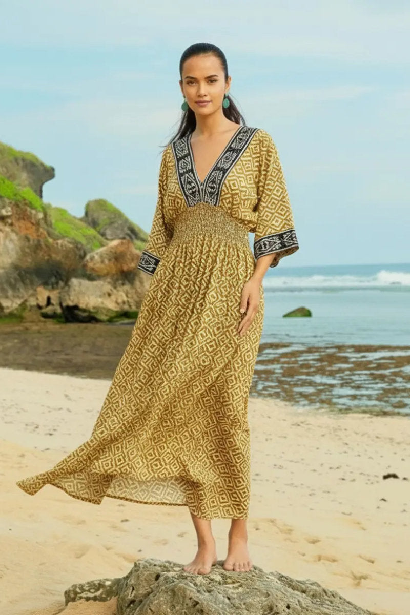V neck kaftan, gold