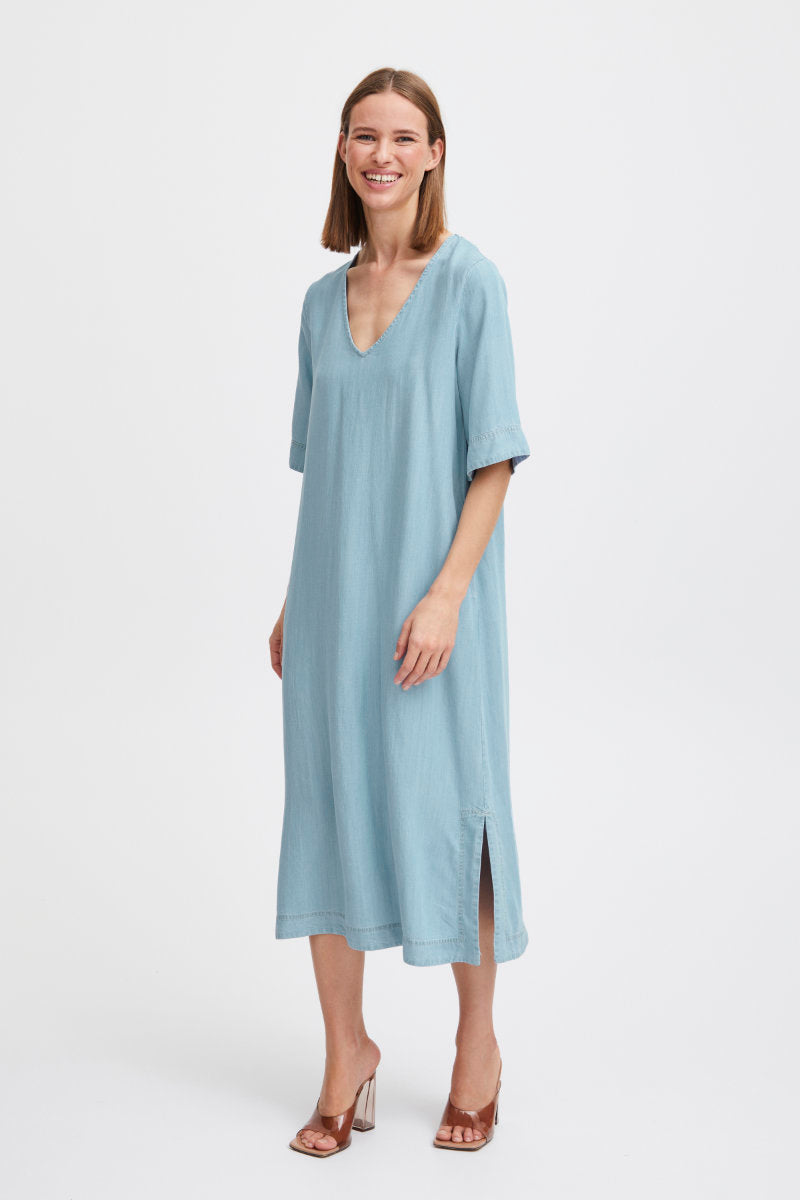 Lana v neck dress, light blue denim
