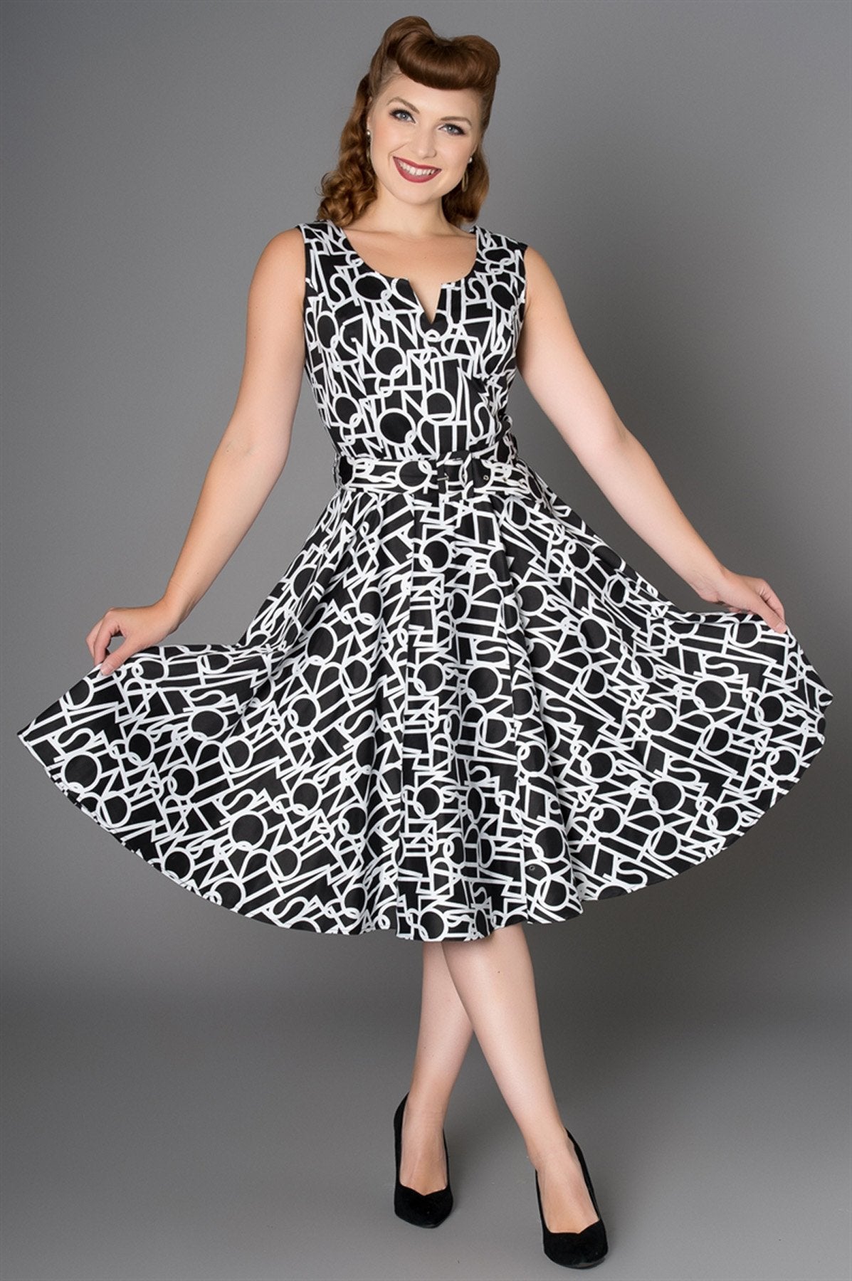 Sheen Hilary summer dress, graphic print, black, front view