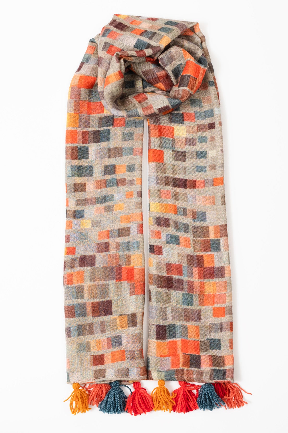 Blocks and tassel scarf, Taupe