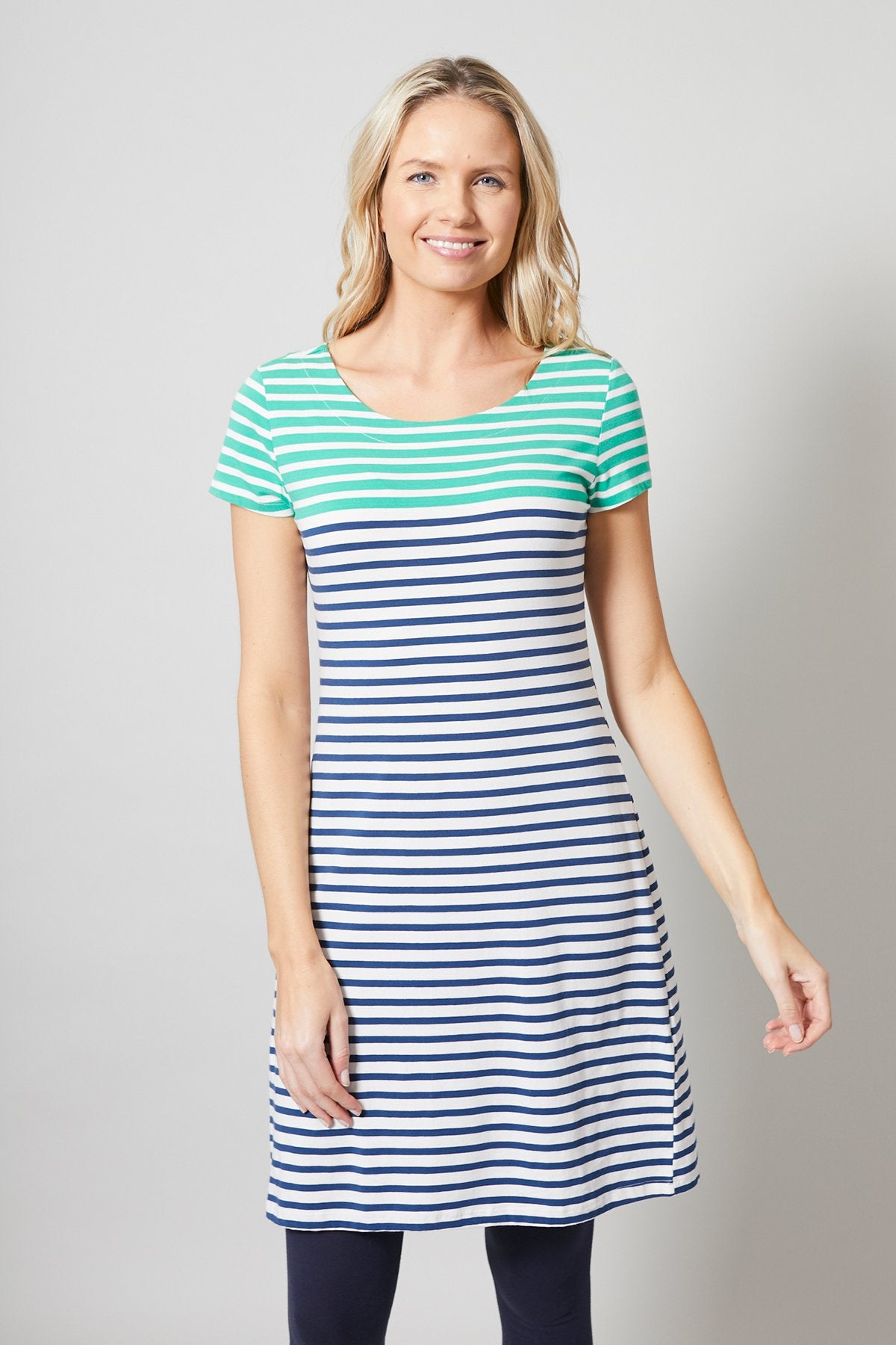 Lily and Me Stripe dress, navy and green, front view