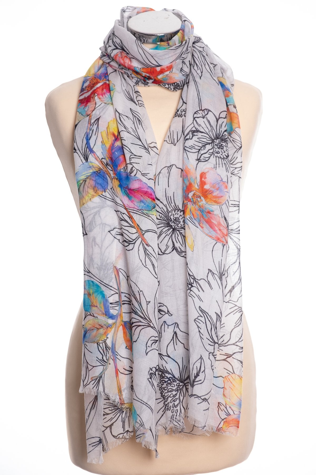 Kapre floral print scarf, white, tied view