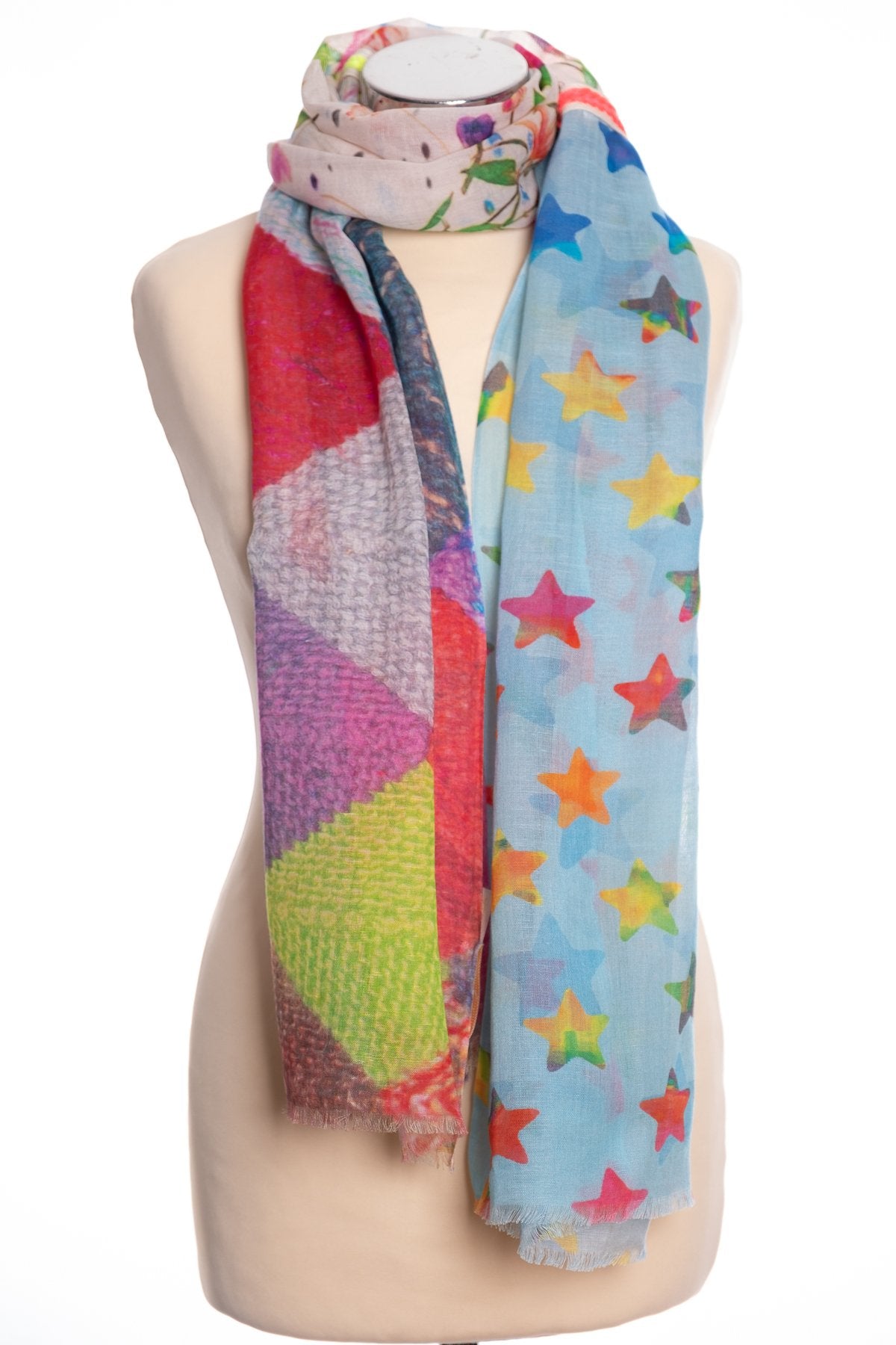Kapre Boho style scarf, multi colour, tied view