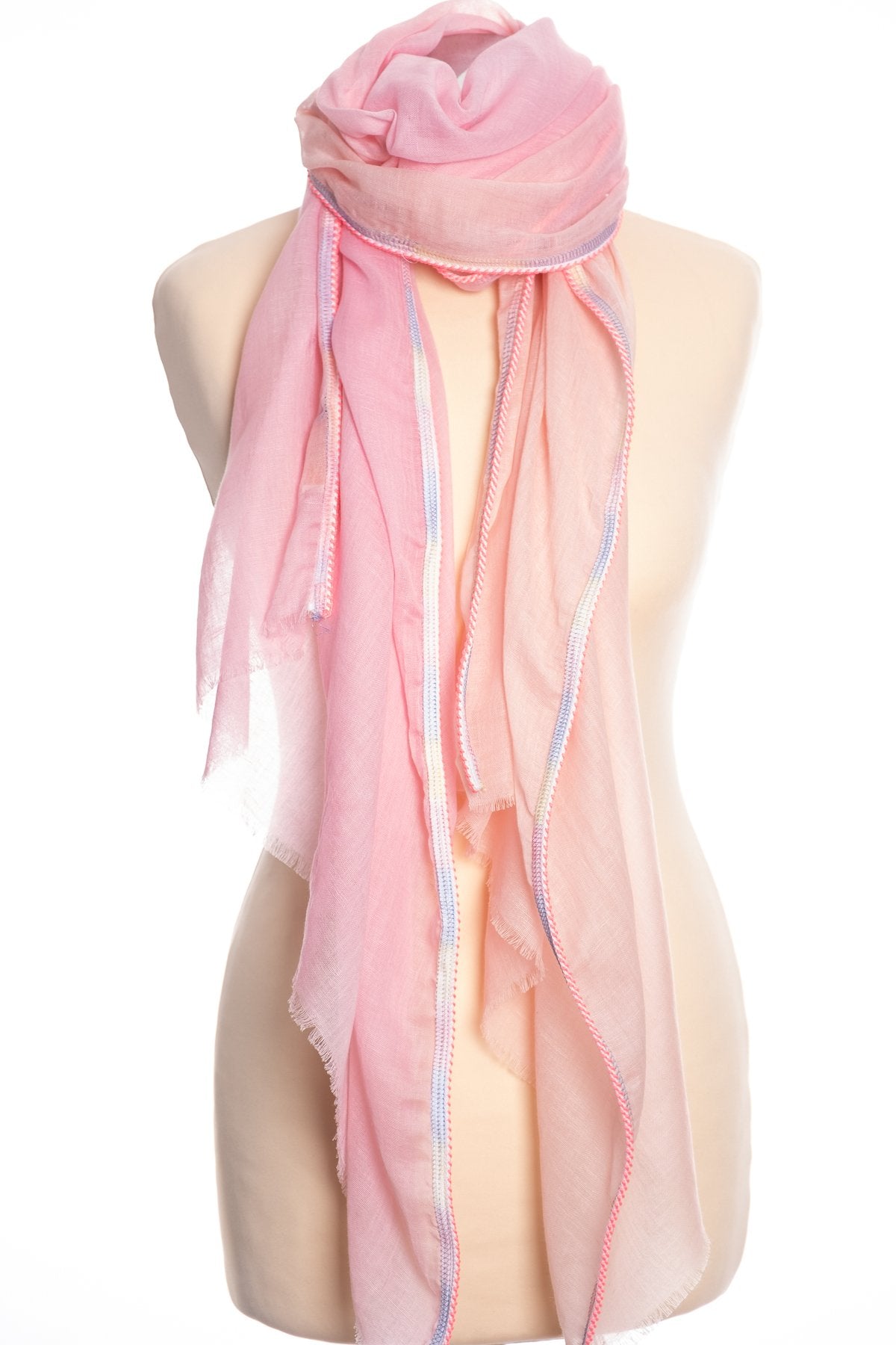 Ombre hand dyed scarf, pink, tied view