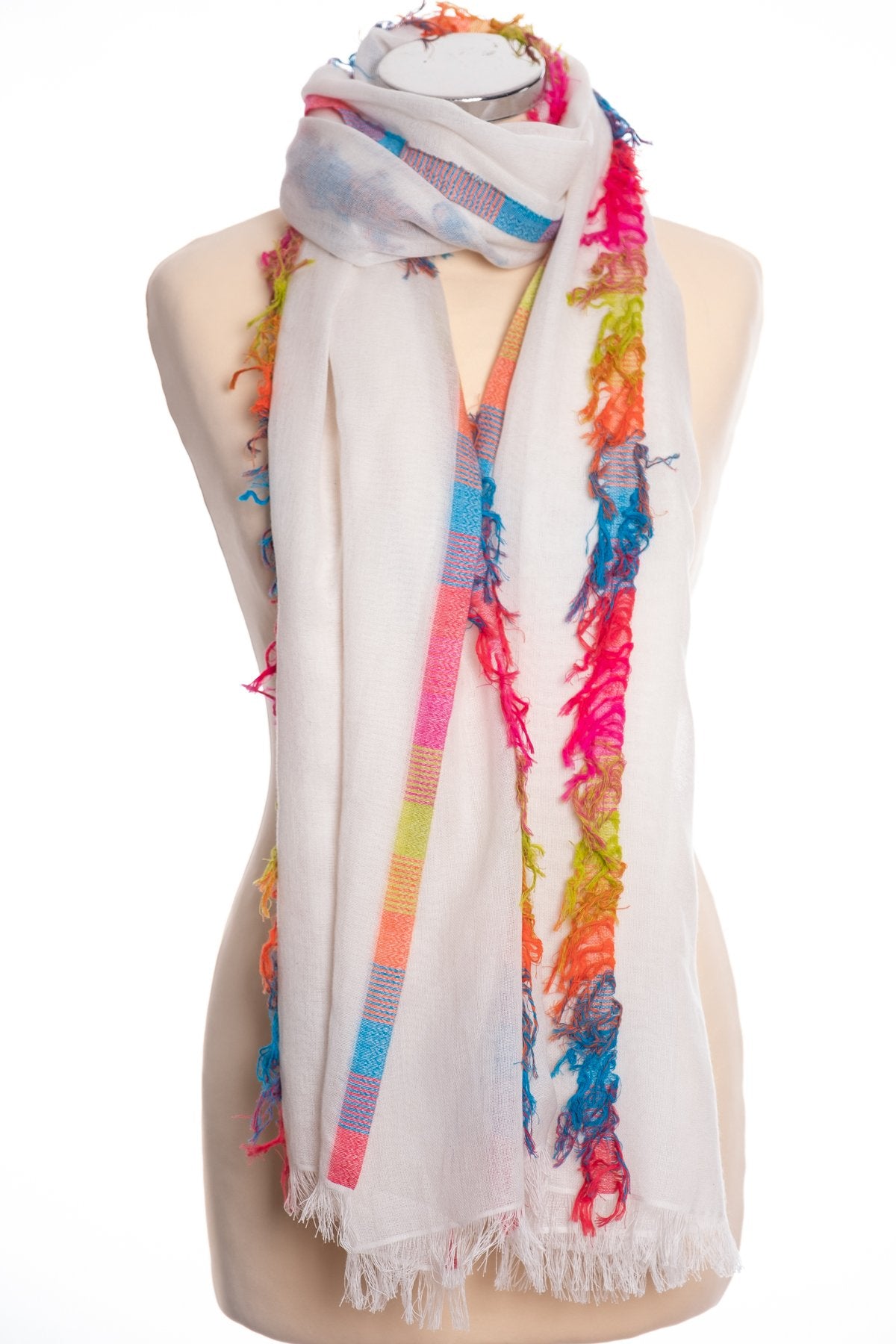 Ombre cut thread stripe scarf, cream, tied view