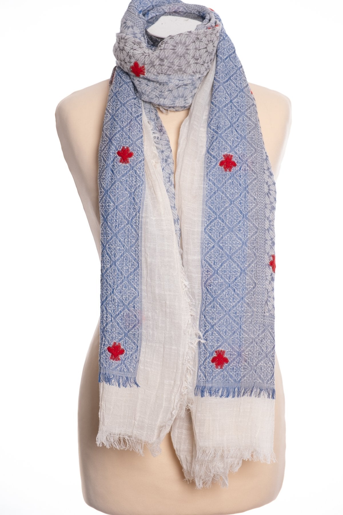 Ombre woven and embroidered scarf, blue, tied view