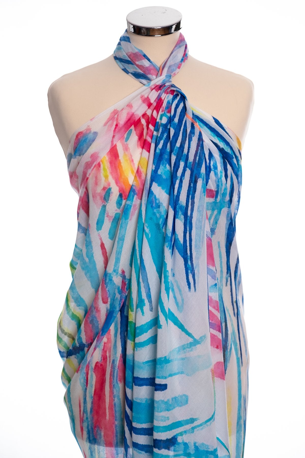 Ombre palm frond scarf, blue, wrap view