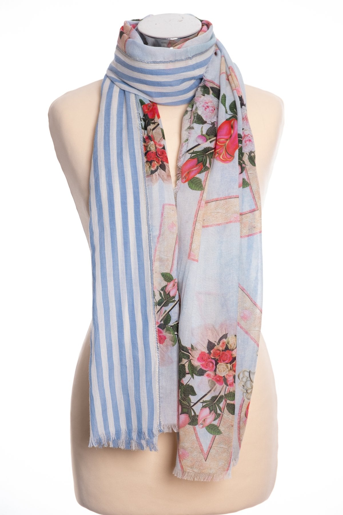 Ombre roses and letters scarf, blue, tied view