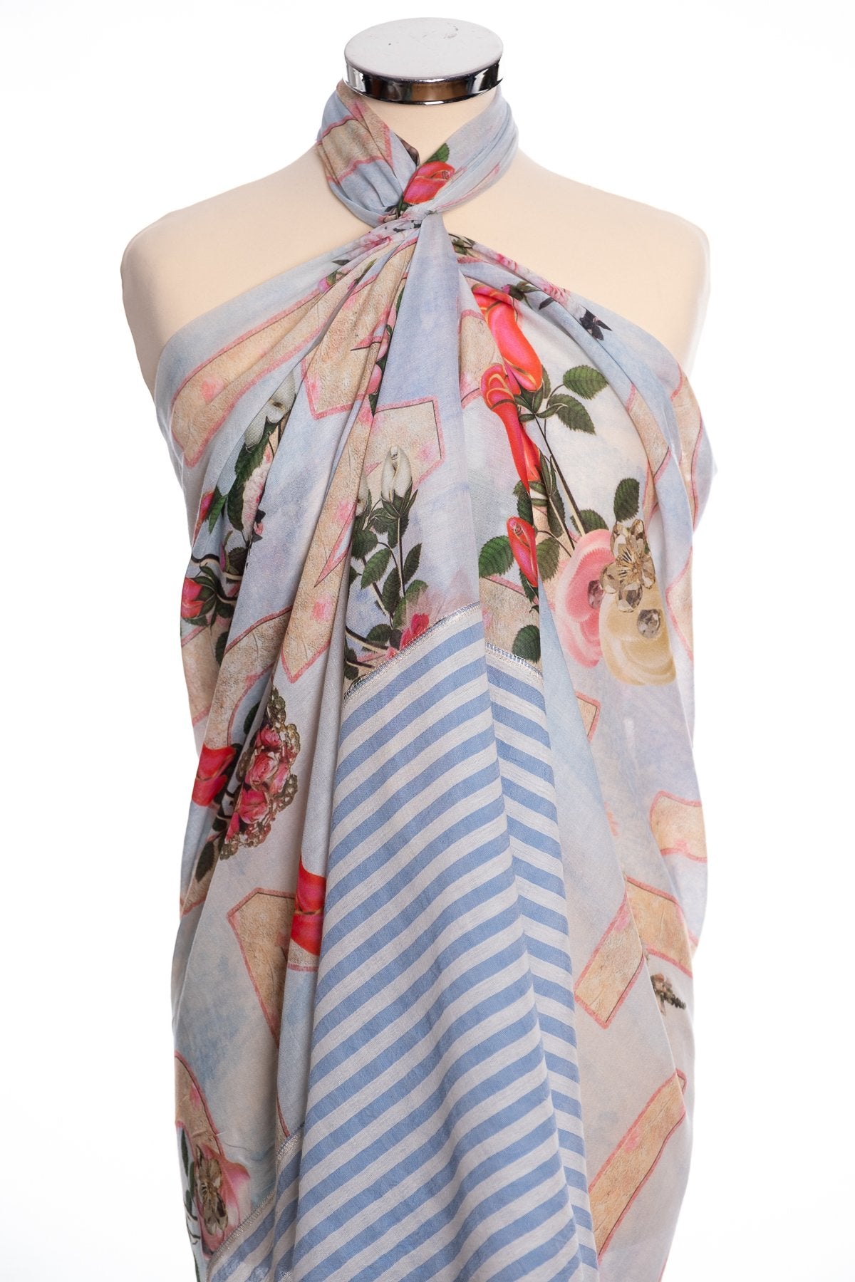 Ombre roses and letters scarf, blue, wrap view