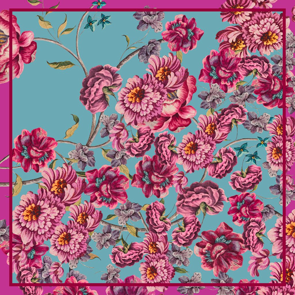 Baroque floral silk scarf, teal