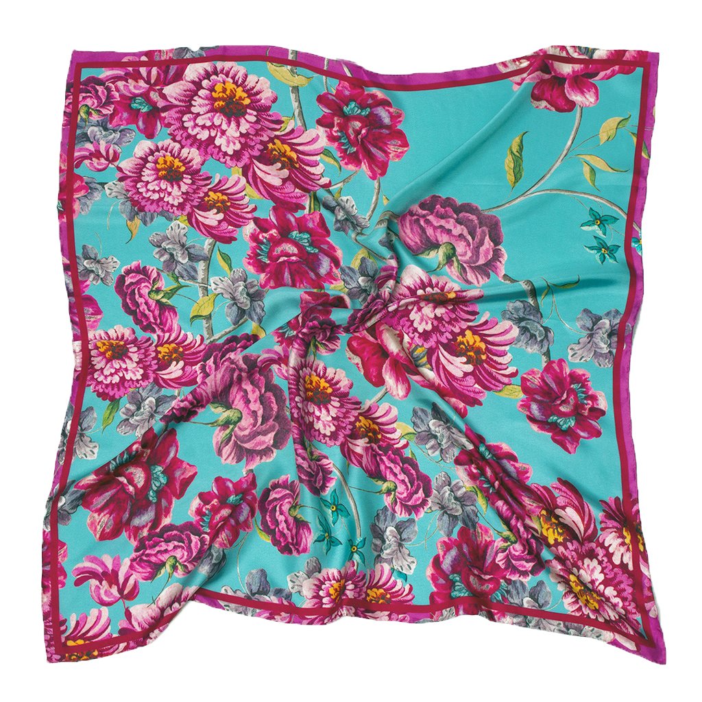Baroque floral silk scarf, teal
