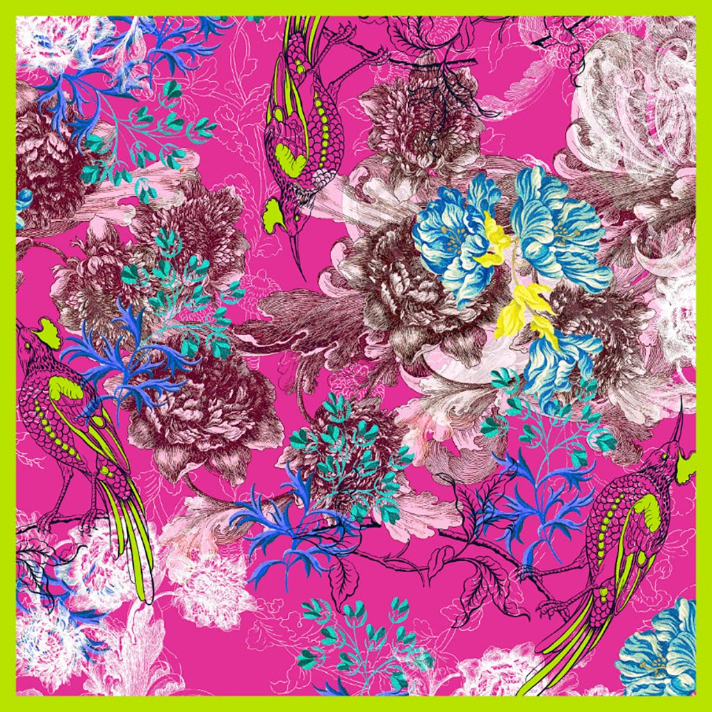Botanical design silk scarf, fuschia