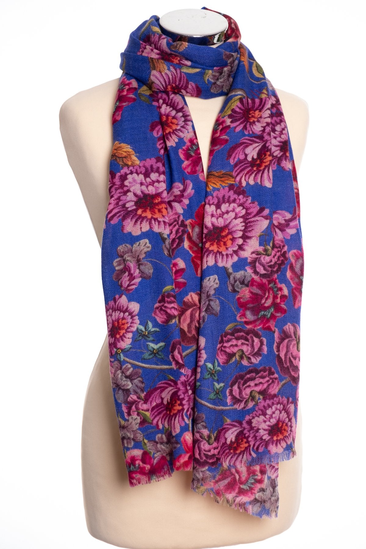 P. J. Studios Baroque floral scarf, blue, tied view