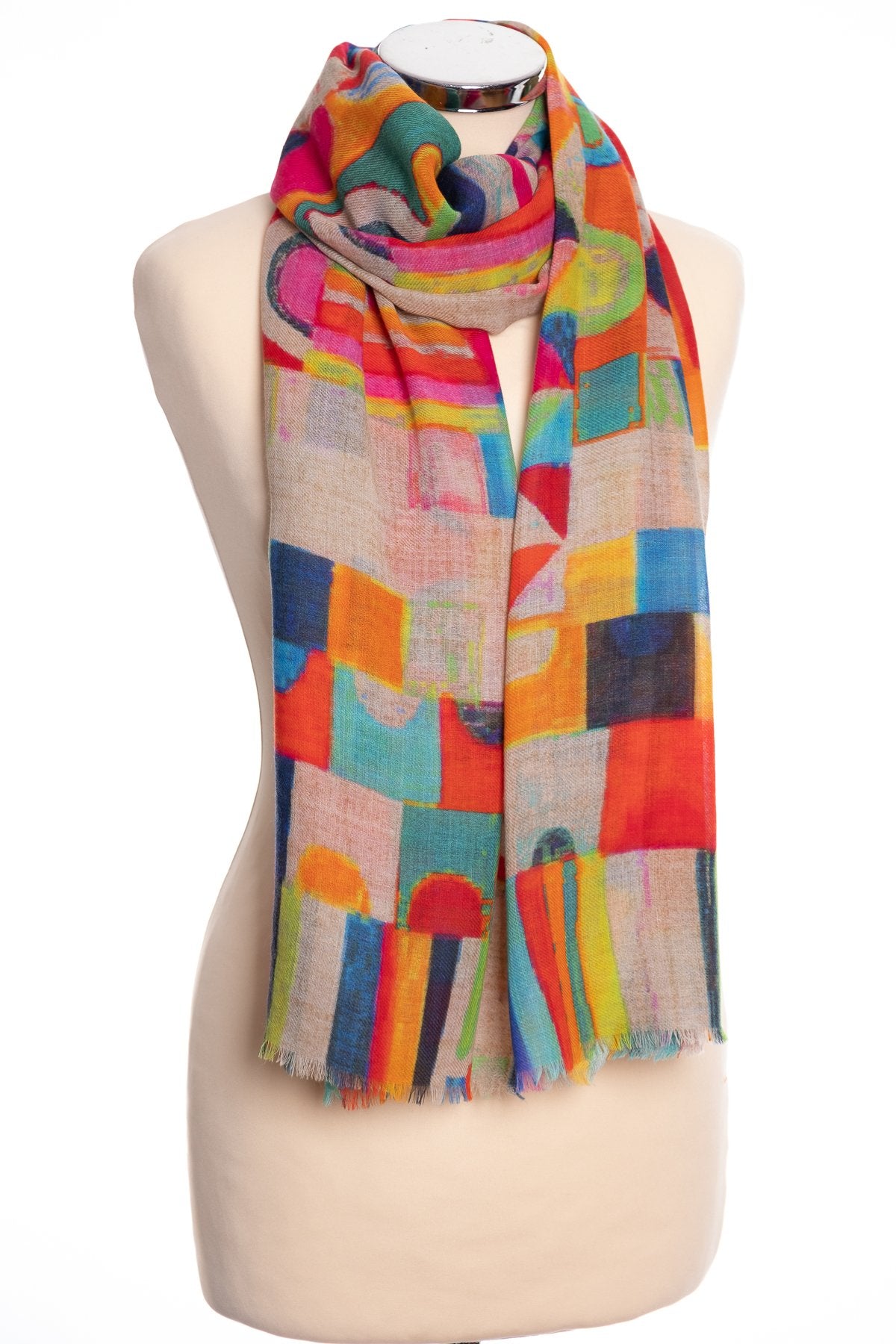 Kapre Geometric pattern scarf, multi colour, tied view