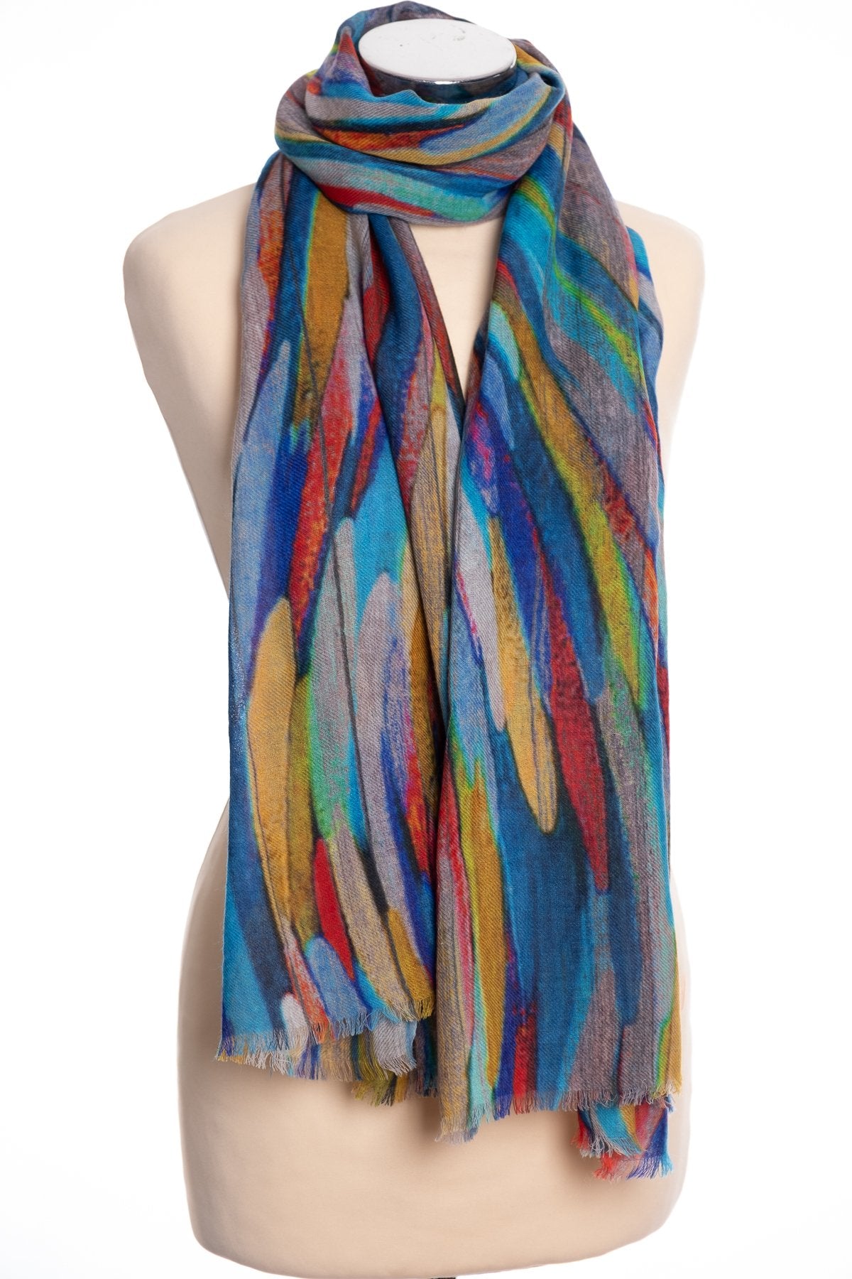 Kapre Brushstroke design scarf, multi colour, tied view