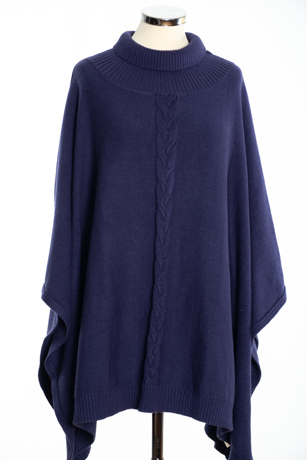 Joss cable knit poncho, navy, front view