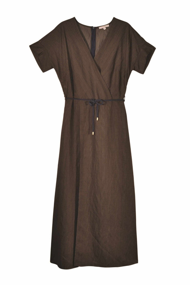 Humility dress, navy / nutmeg, front view