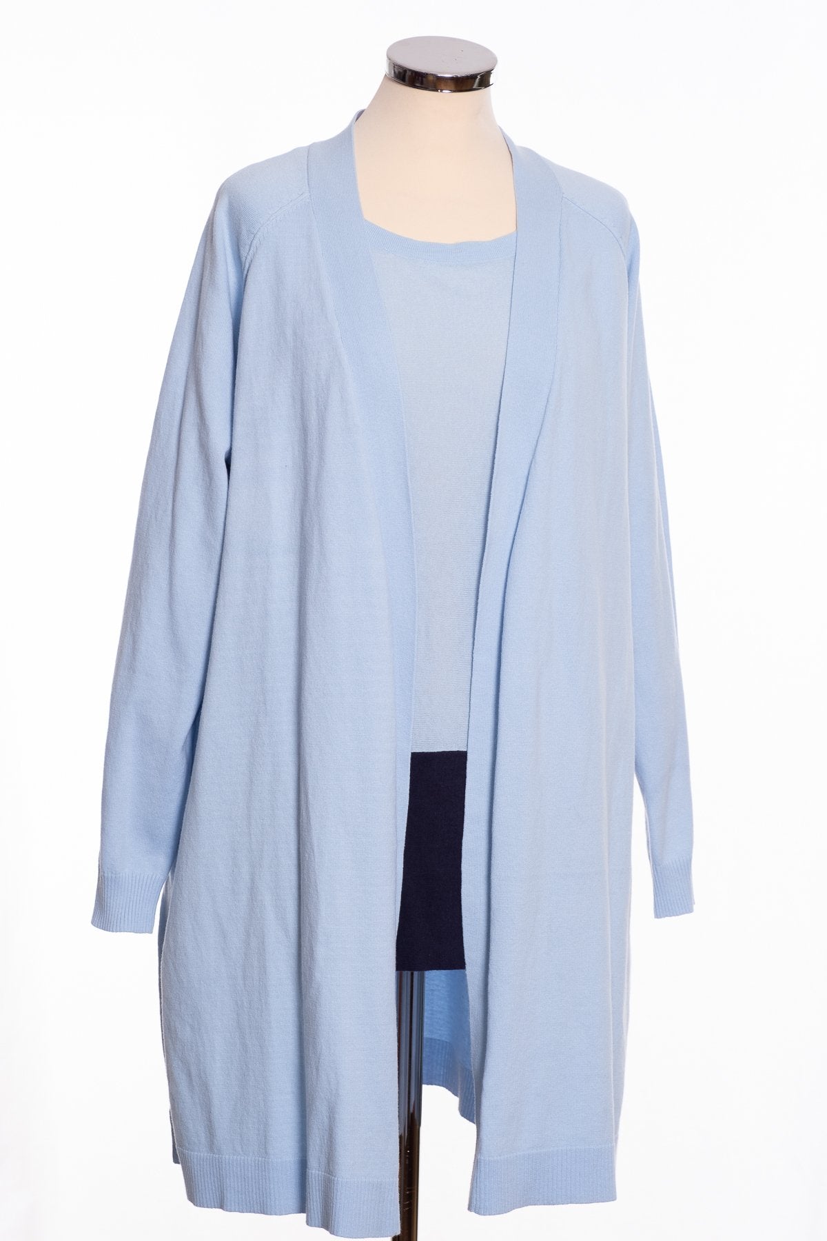 Ginger Toby Joss colour block jumper, pale blue and navy, with cardigan