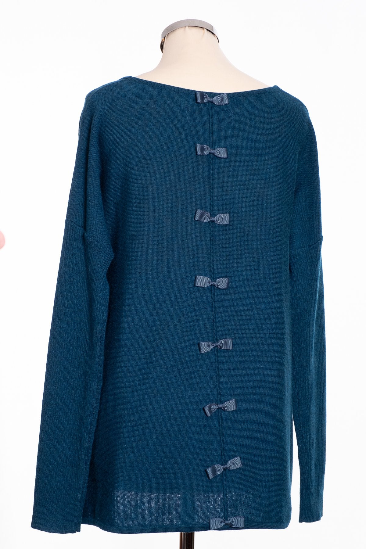 Ginger Toby bow back jumper, petrol, rear view