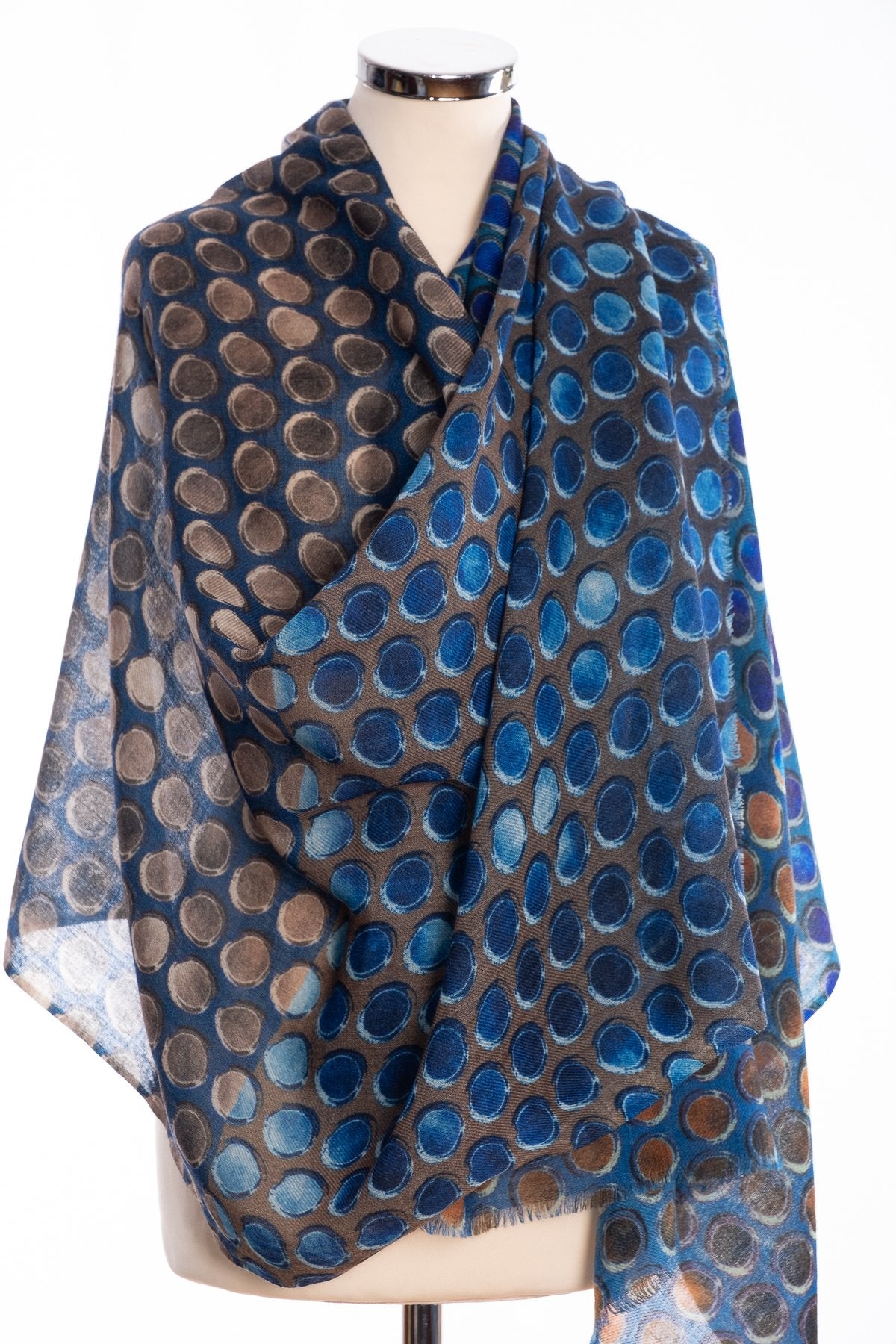 Kapre painted dots scarf, blue, wrap view