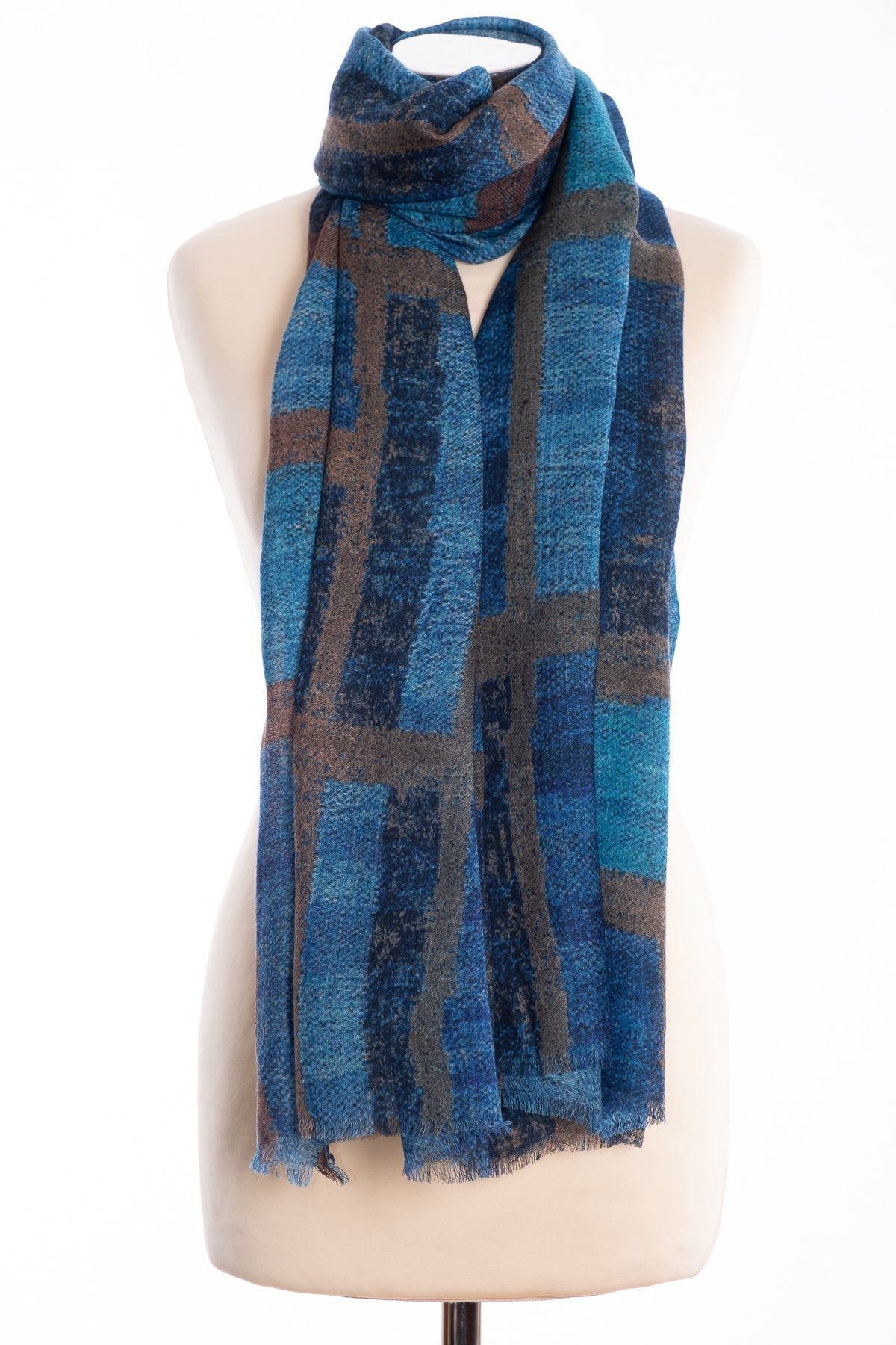Kapre blocks and stripe scarf, blue, tied view