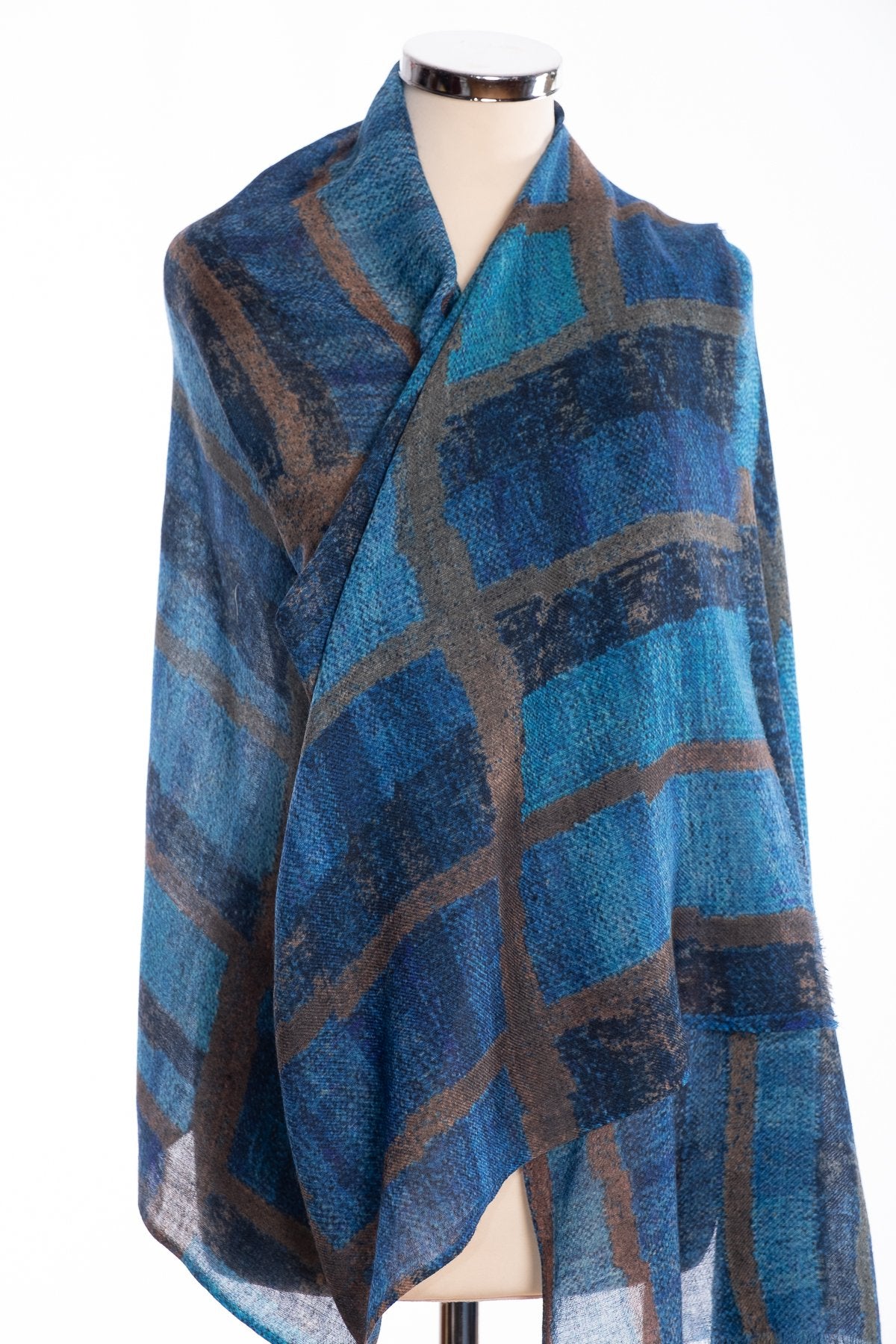 Kapre blocks and stripe scarf, blue, wrap view