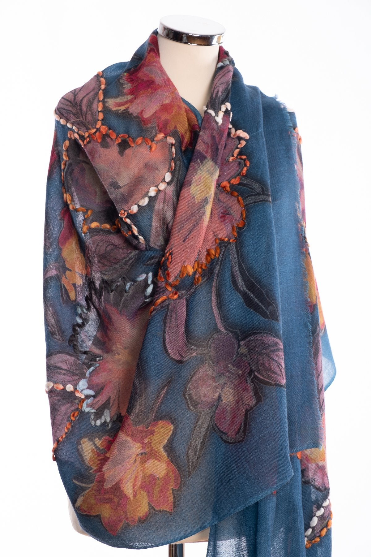 Kapre painted flower scarf, petrol, wrap view