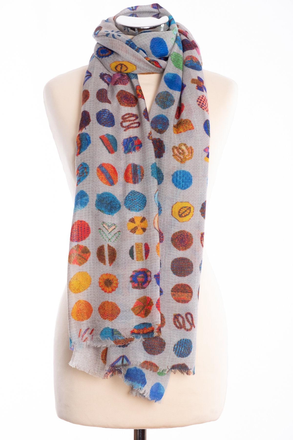 Kapre flower motif scarf, blue, tied view