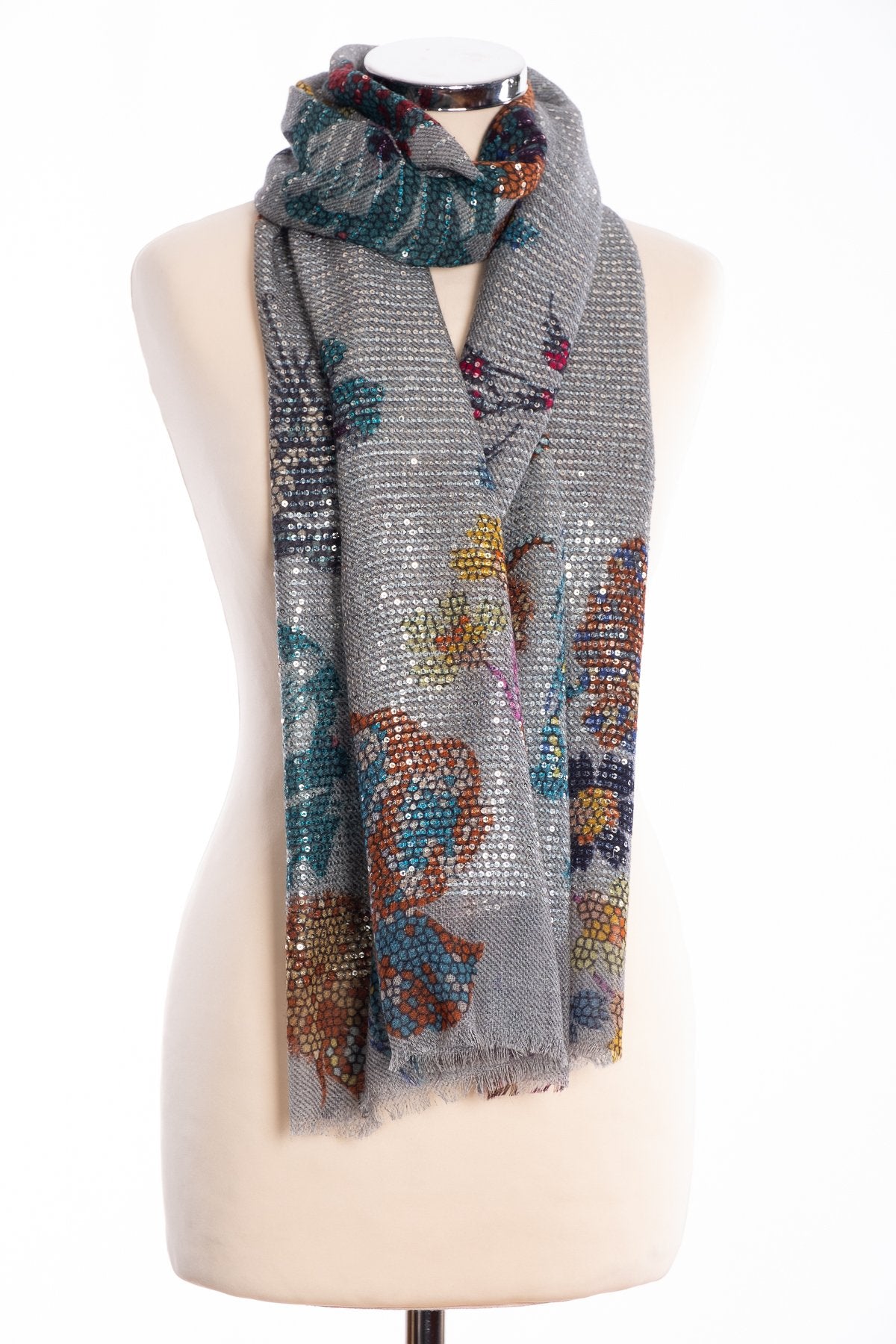 Kapre floral print scarf with sequins, grey, tied view