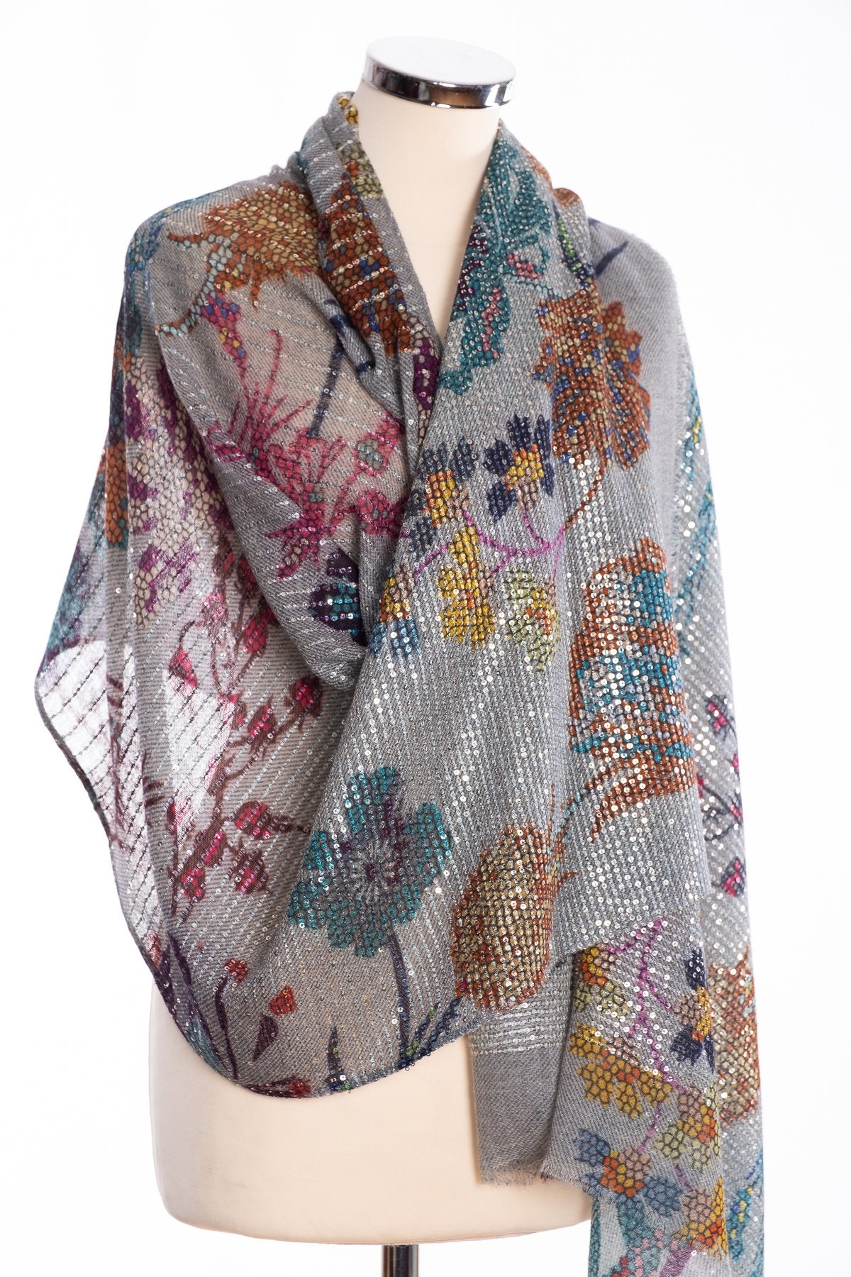 Kapre floral print scarf with sequins, grey, wrap view