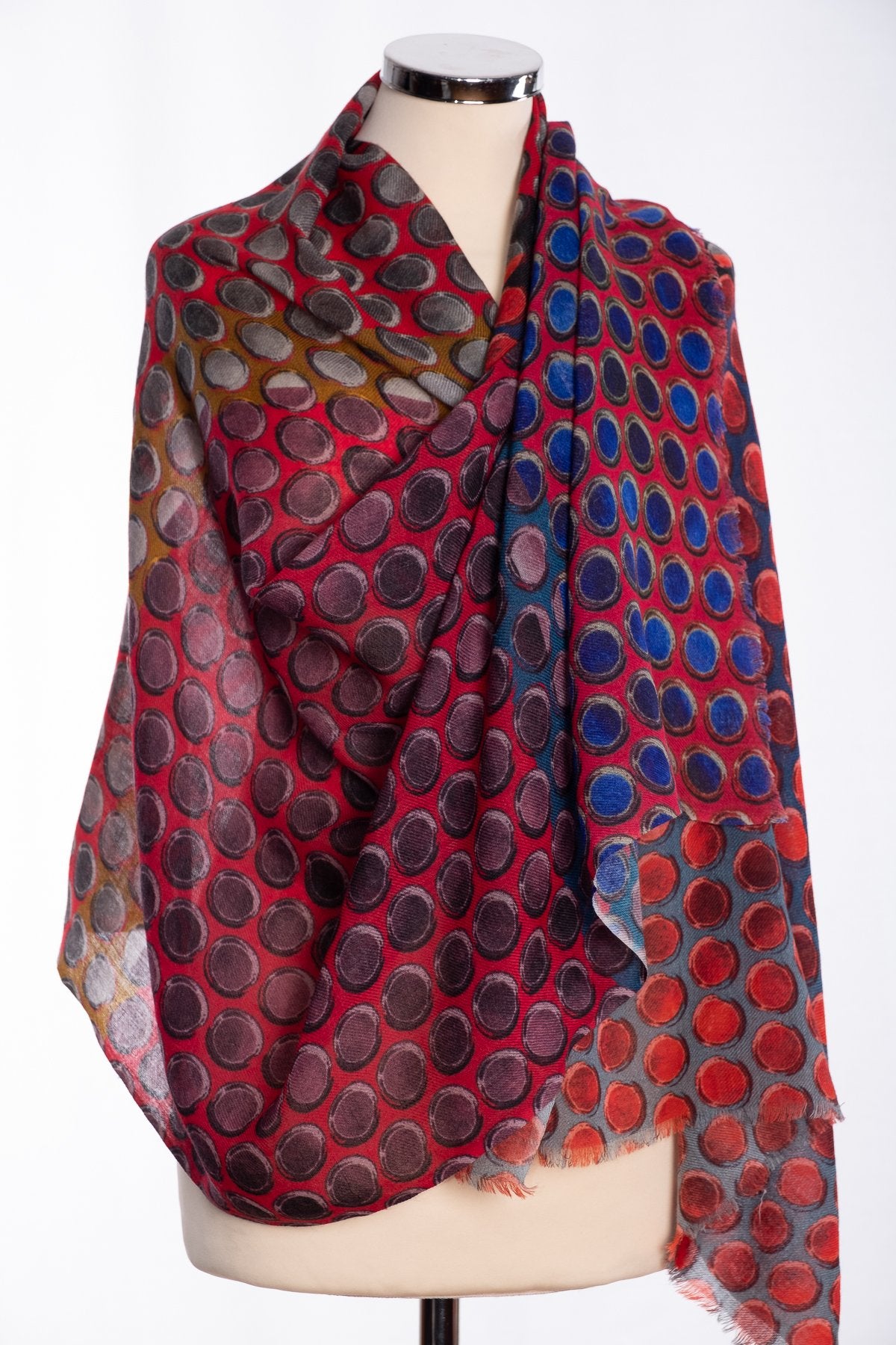Kapre painted dots design scarf, red, wrap view