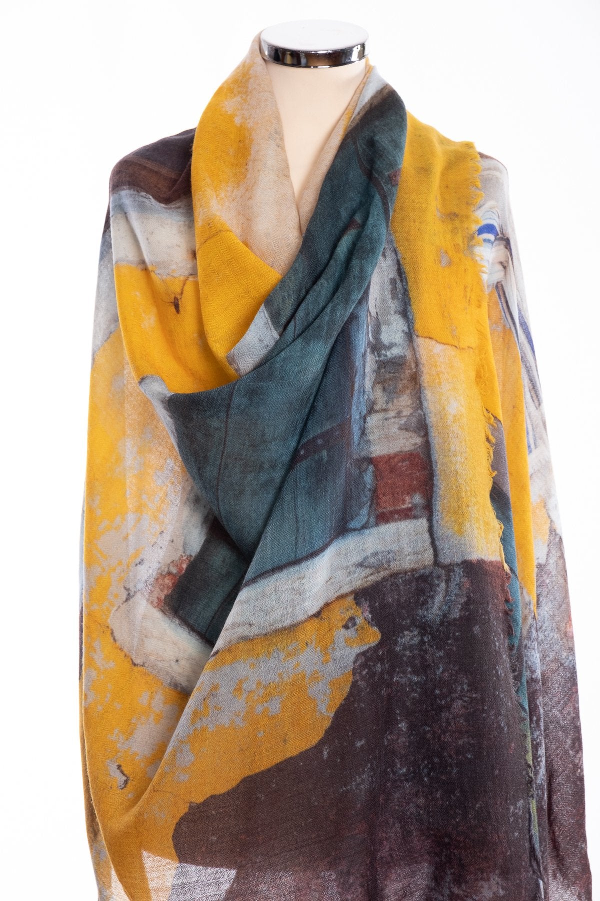 Kapre window design scarf, yellow, wrap view