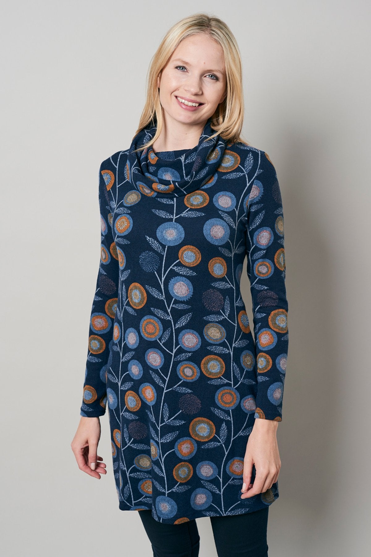 Lily and Me Winkleigh tunic, Floral Stamp print, navy, model front view