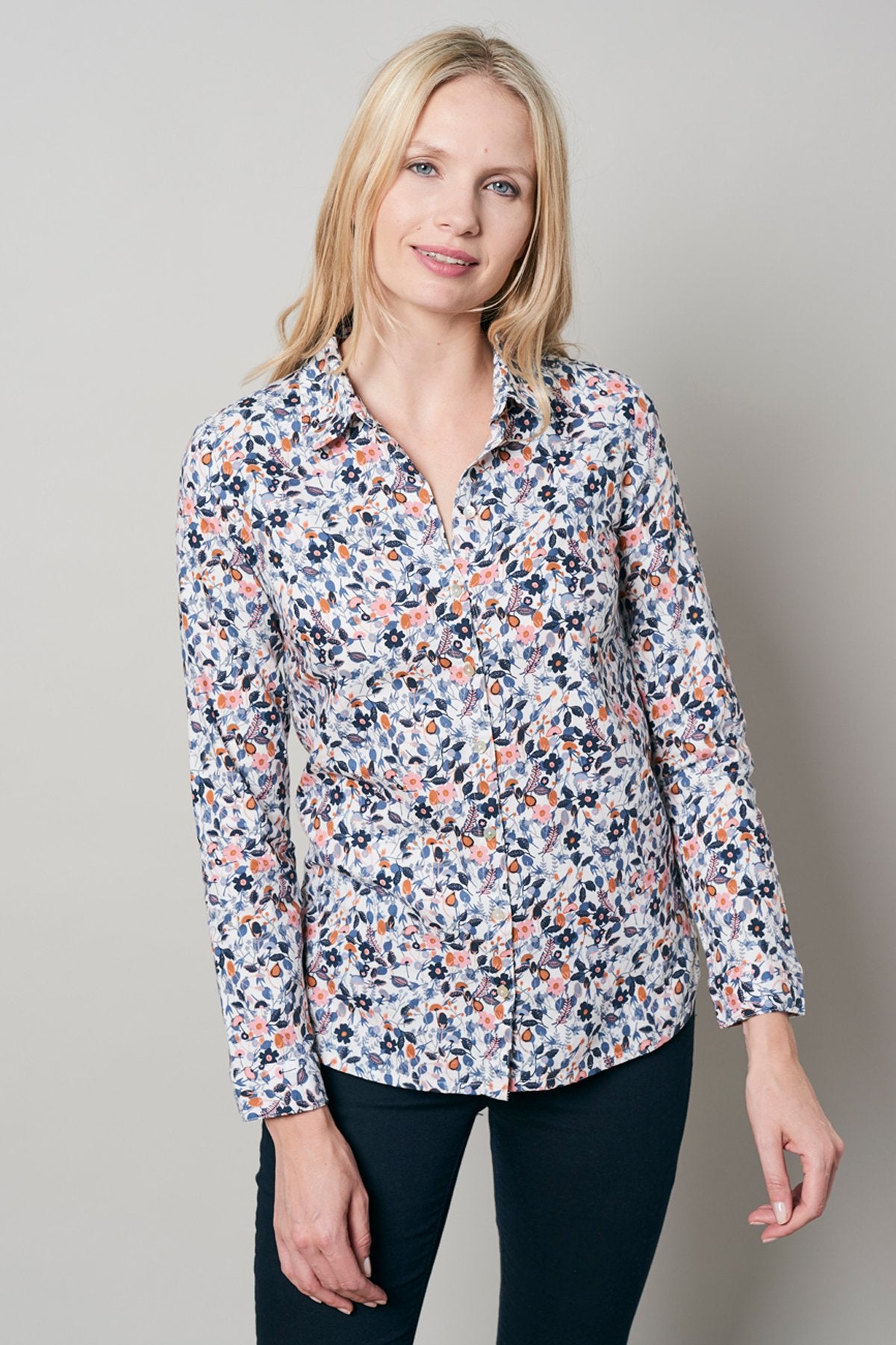 Lily and Me transitional long sleeved shirt, cream, model front view