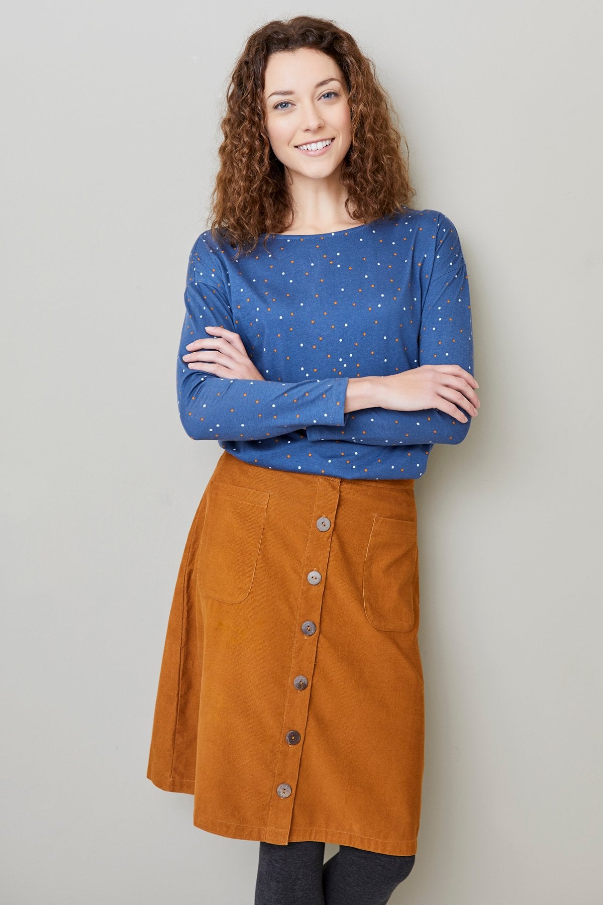 Lily and Me A line needlecord skirt, brown, front view