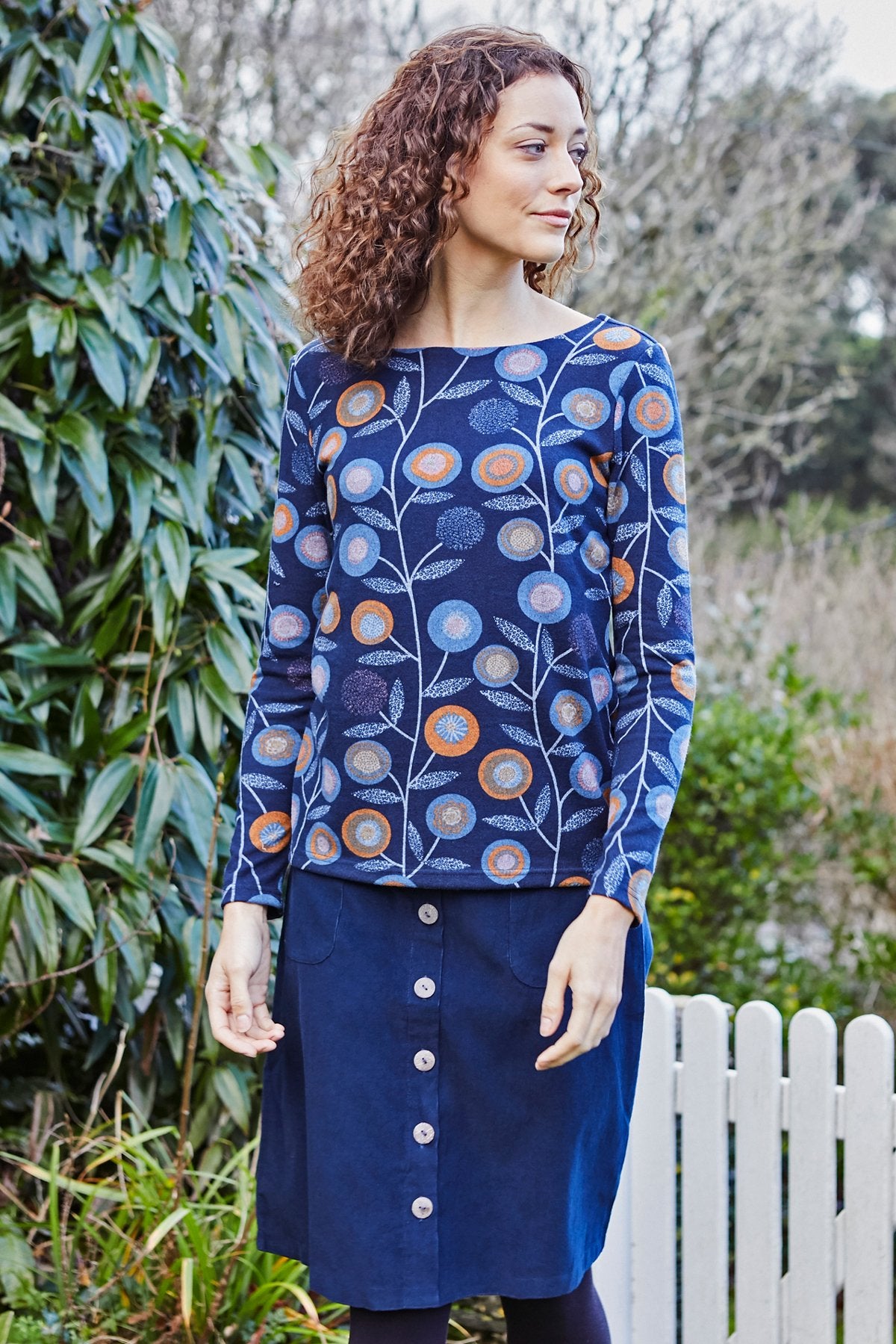 Lily and Me A line needlecord skirt, navy, model front view