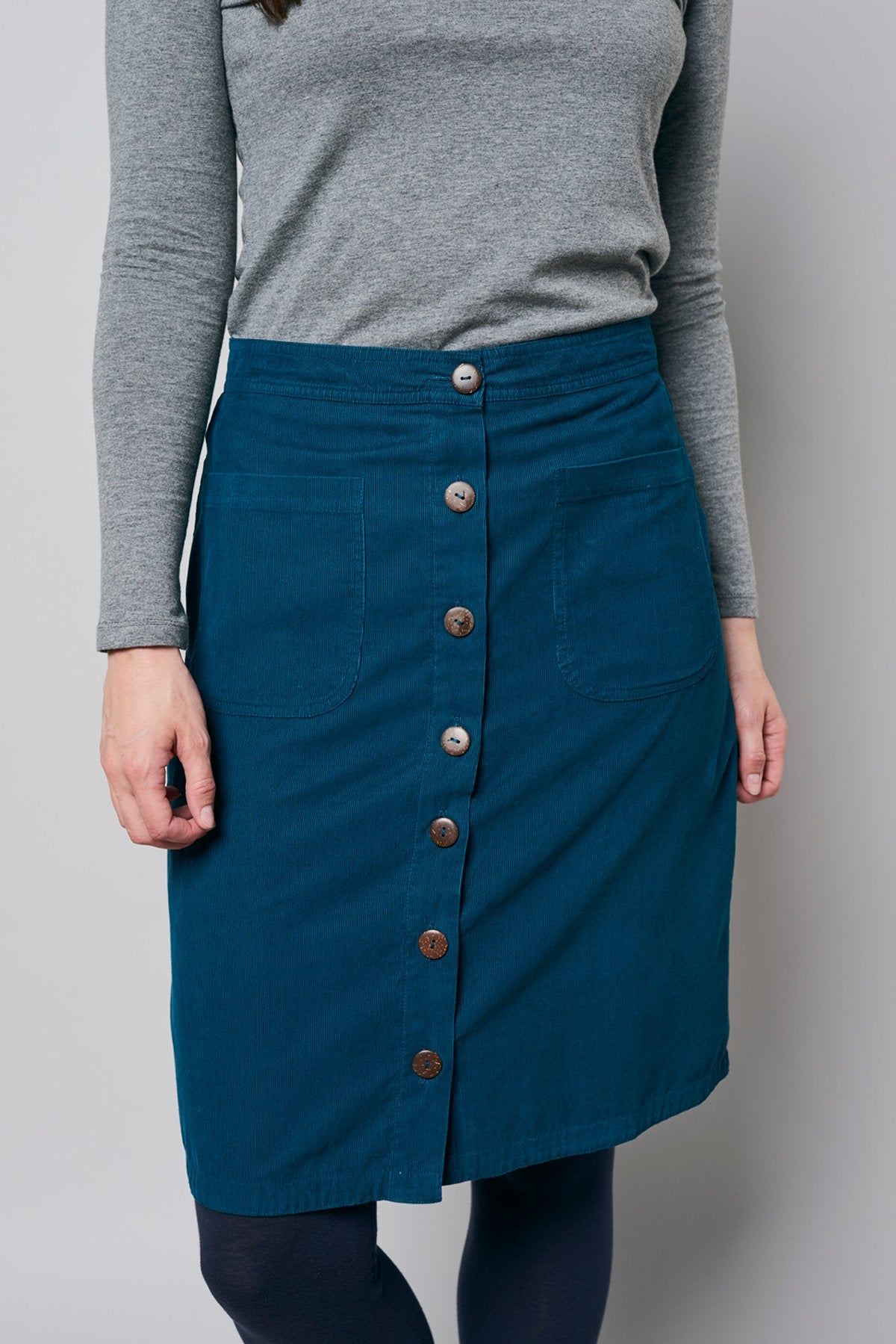 Lily and Me A line needlecord skirt, green, model front view