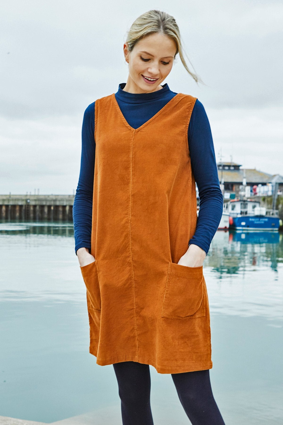 Lily and Me Gatehouse needlecord tunic dress, brown, model front view