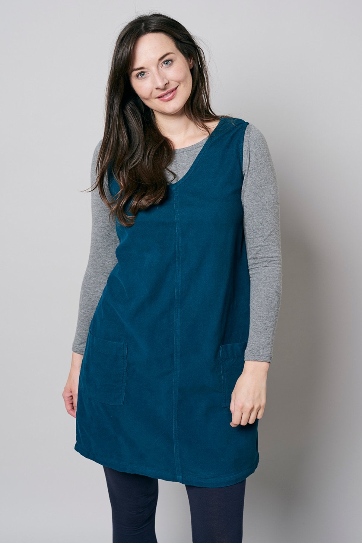 Lily and Me Gatehouse needlecord tunic dress, green, model front view