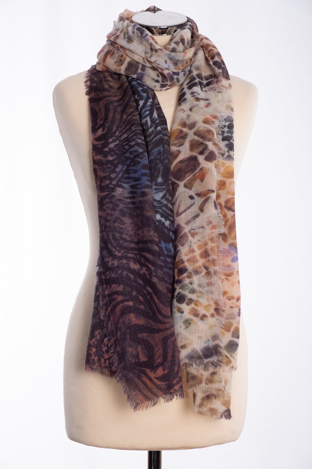 Ombre animal motif scarf, brown, tied view