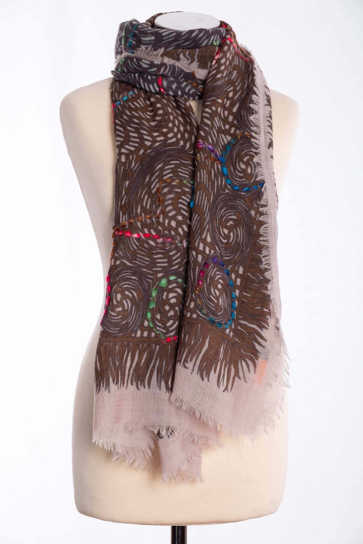 Ombre open weave scarf, brown, tied view