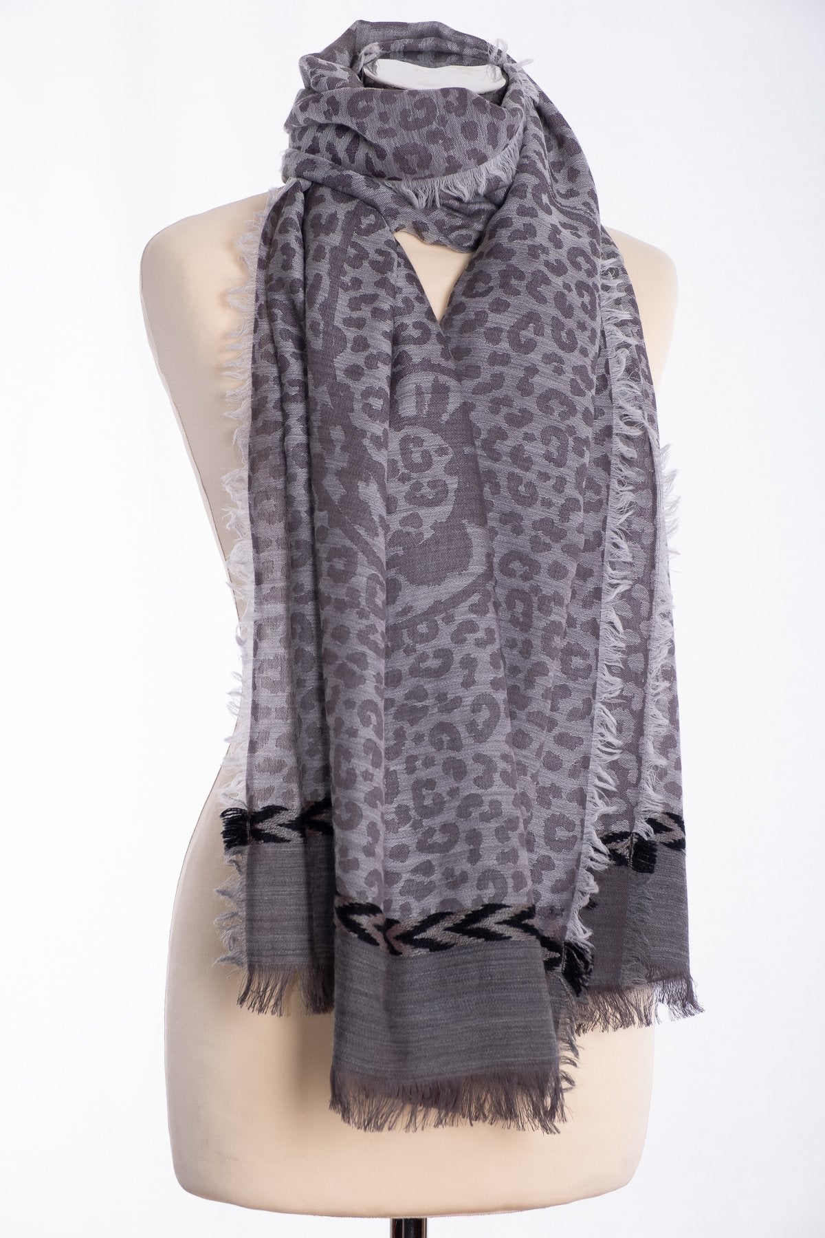 Ombre leopard print scarf, grey, tied view